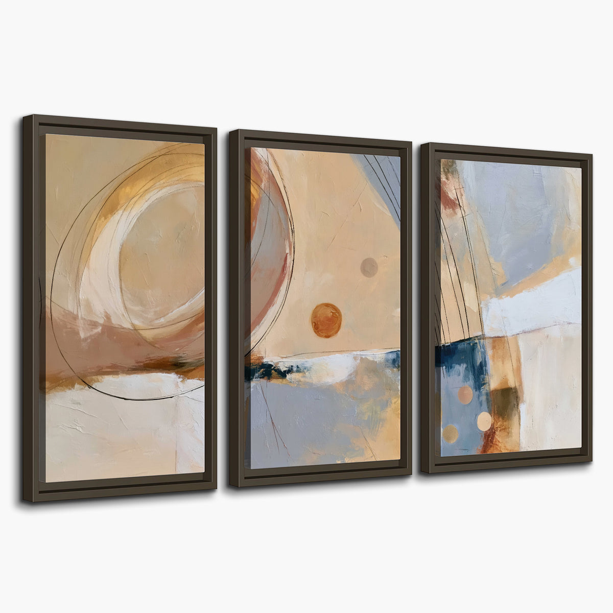 Pale circular forms and fine diagonal lines layered over blue, peach and cream brushstrokes 3 piece framed canvas wall art on a white background