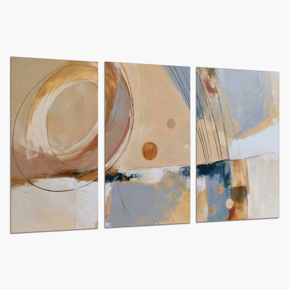 Pale circular forms and fine diagonal lines layered over blue, peach and cream brushstrokes set of 3 poster prints on a white background