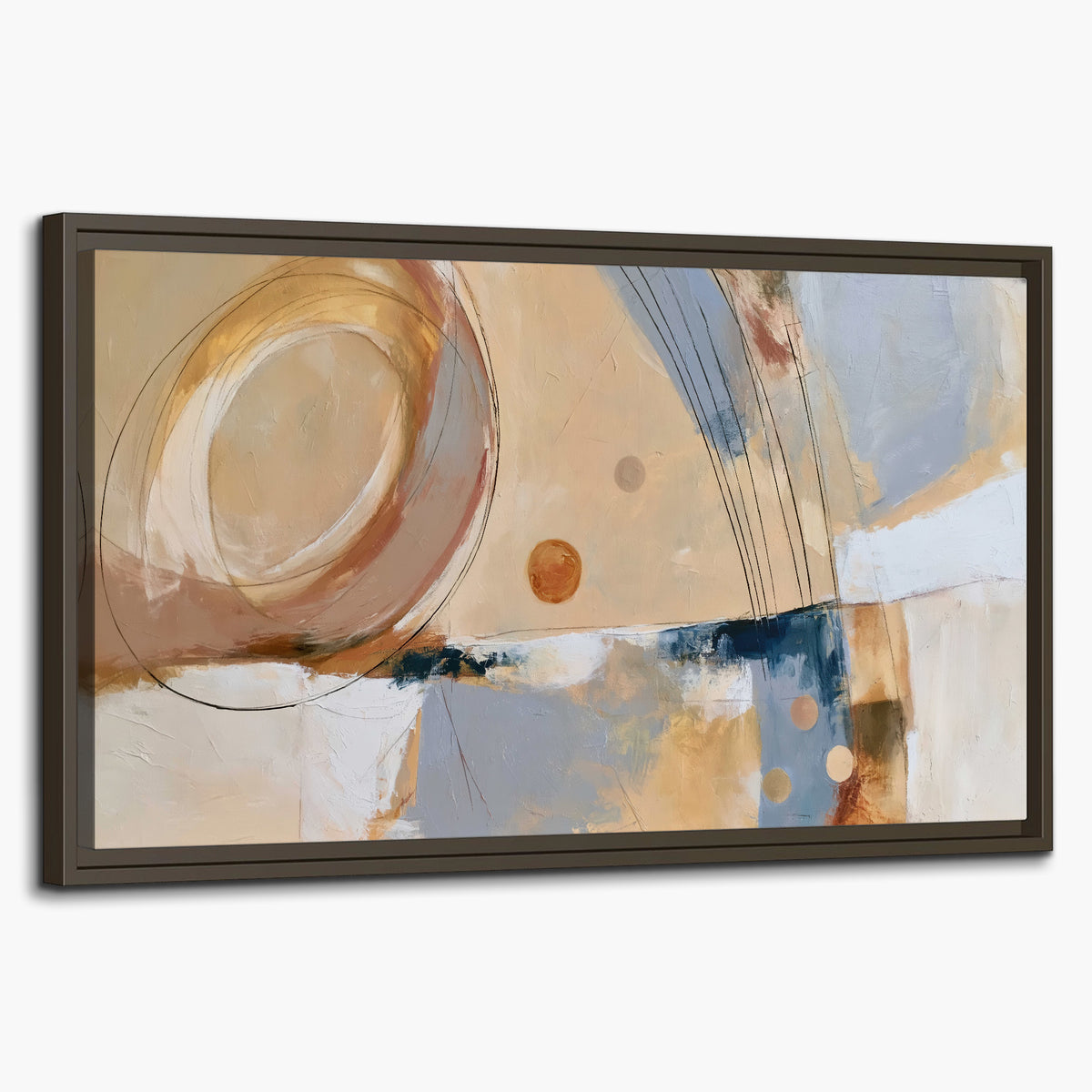 Pale circular forms and fine diagonal lines layered over blue, peach and cream brushstrokes single framed canvas wall art on a white background