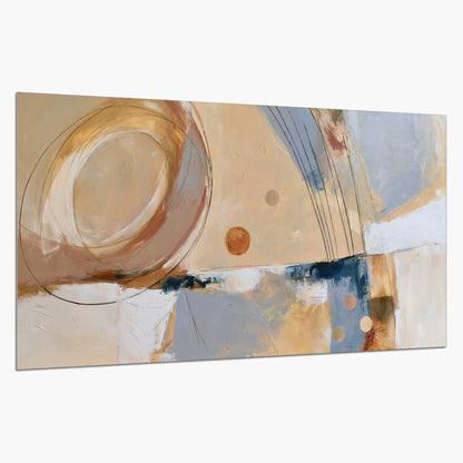 Pale circular forms and fine diagonal lines layered over blue, peach and cream brushstrokes single poster print on a white background