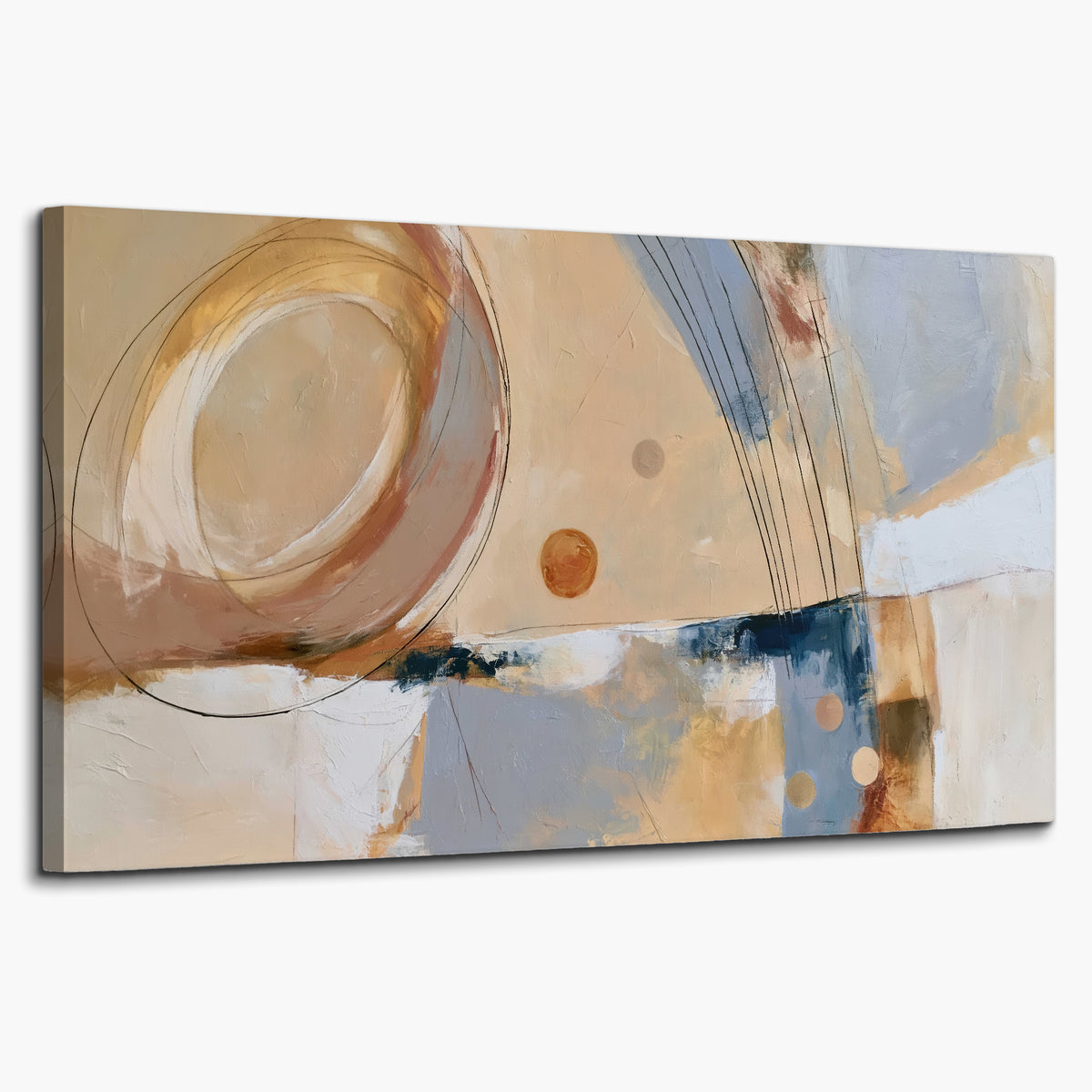 Pale circular forms and fine diagonal lines layered over blue, peach and cream brushstrokes single canvas wall art on a white background