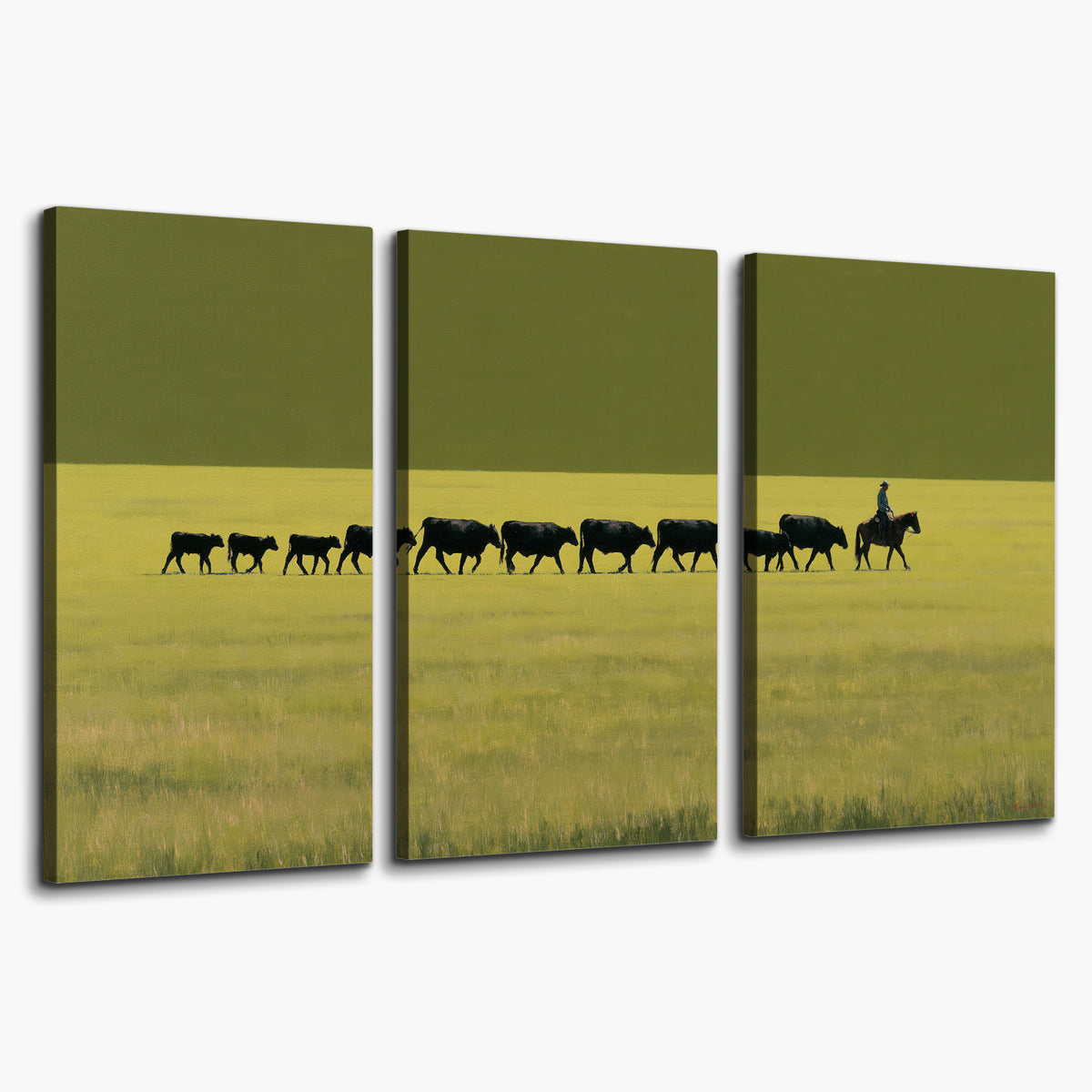 A rider leading a long line of cattle across a wide green and golden plain 3 piece canvas wall art on a white background