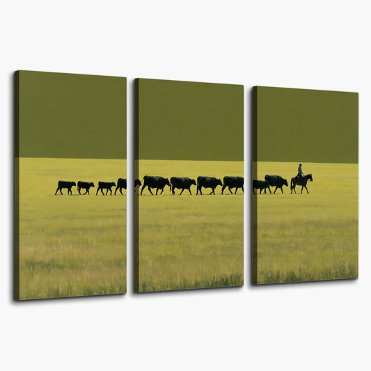 A rider leading a long line of cattle across a wide green and golden plain 3 piece canvas wall art on a white background