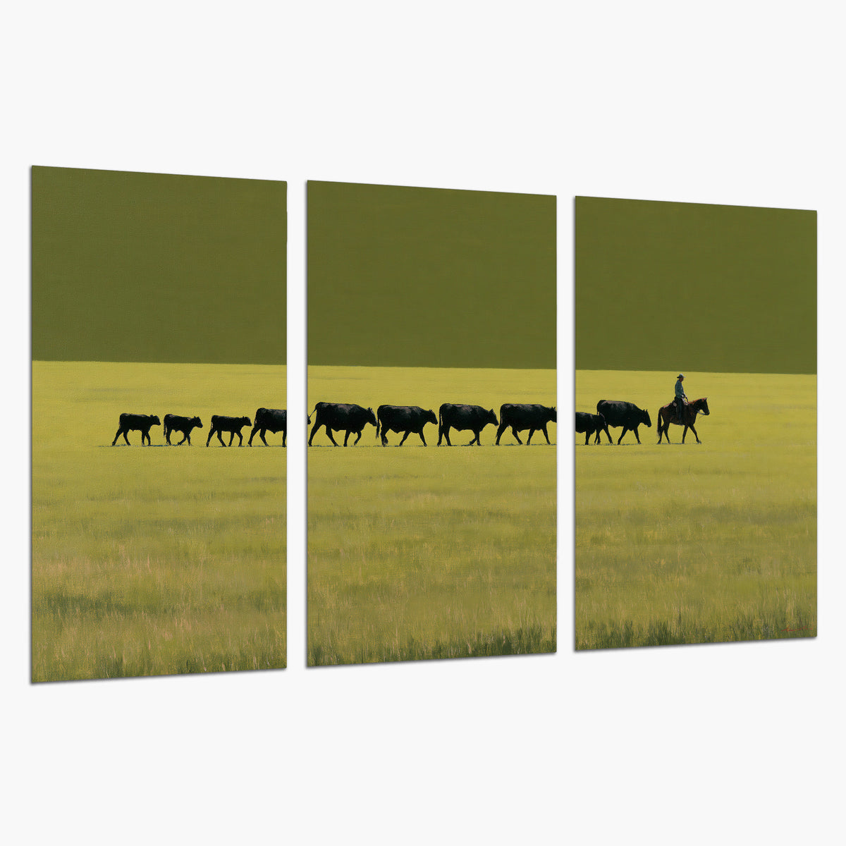 A rider leading a long line of cattle across a wide green and golden plain set of 3 poster prints on a white background