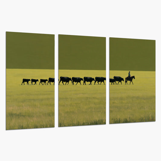 A rider leading a long line of cattle across a wide green and golden plain set of 3 poster prints on a white background