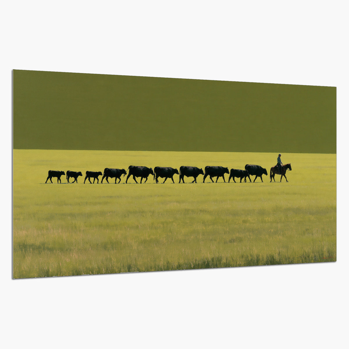 A rider leading a long line of cattle across a wide green and golden plain single poster print on a white background