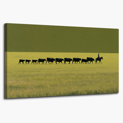 A rider leading a long line of cattle across a wide green and golden plain single canvas wall art on a white background