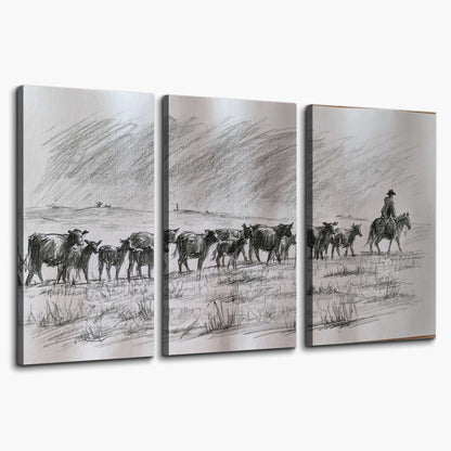 A rider on horseback guiding a herd of cattle across an open plain in charcoal-style strokes 3 piece canvas wall art on a white background