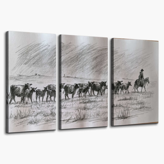A rider on horseback guiding a herd of cattle across an open plain in charcoal-style strokes 3 piece canvas wall art on a white background