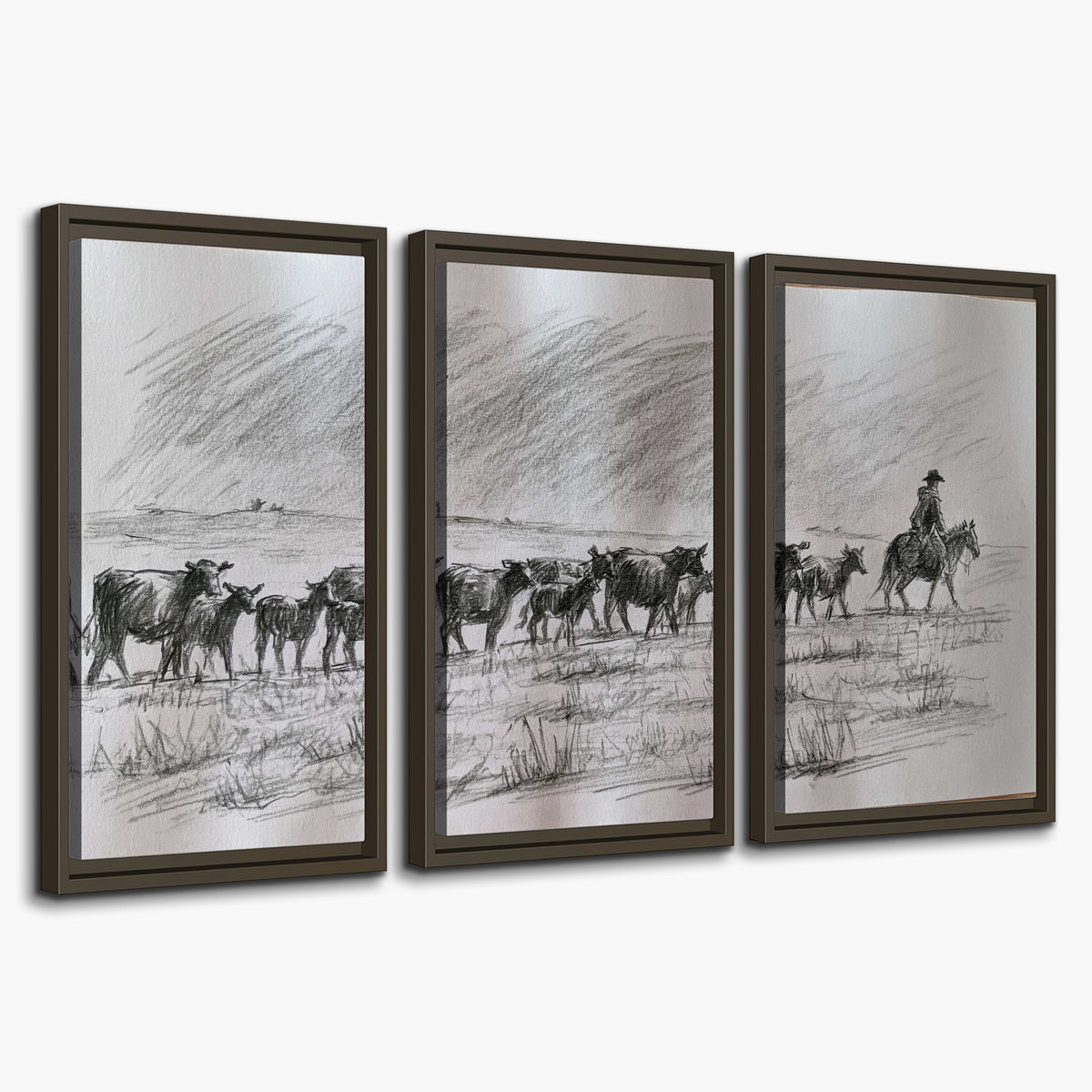 A rider on horseback guiding a herd of cattle across an open plain in charcoal-style strokes 3 piece framed canvas wall art on a white background