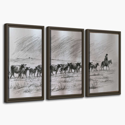 A rider on horseback guiding a herd of cattle across an open plain in charcoal-style strokes 3 piece framed canvas wall art on a white background