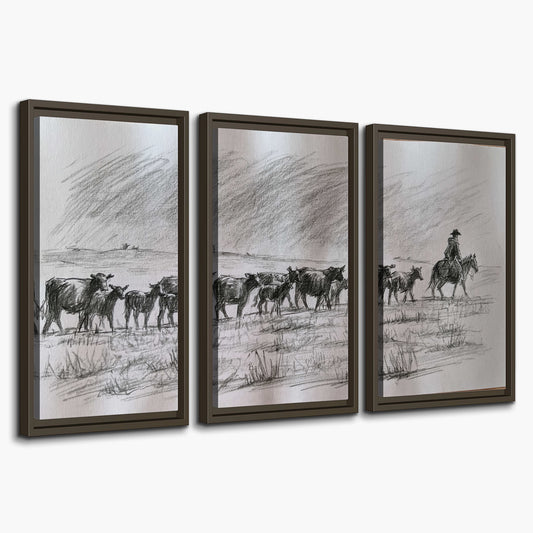 A rider on horseback guiding a herd of cattle across an open plain in charcoal-style strokes 3 piece framed canvas wall art on a white background