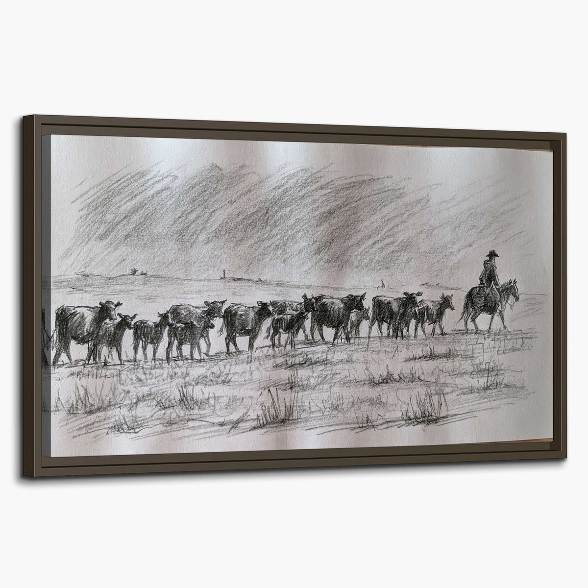 A rider on horseback guiding a herd of cattle across an open plain in charcoal-style strokes single framed canvas wall art on a white background