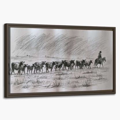 A rider on horseback guiding a herd of cattle across an open plain in charcoal-style strokes single framed canvas wall art on a white background