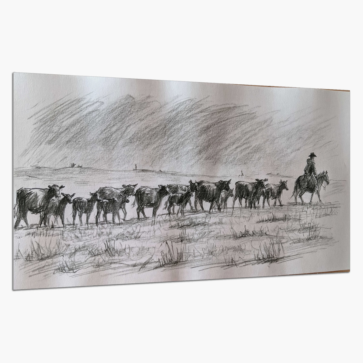A rider on horseback guiding a herd of cattle across an open plain in charcoal-style strokes single poster print on a white background