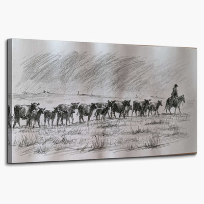 A rider on horseback guiding a herd of cattle across an open plain in charcoal-style strokes single canvas wall art on a white background
