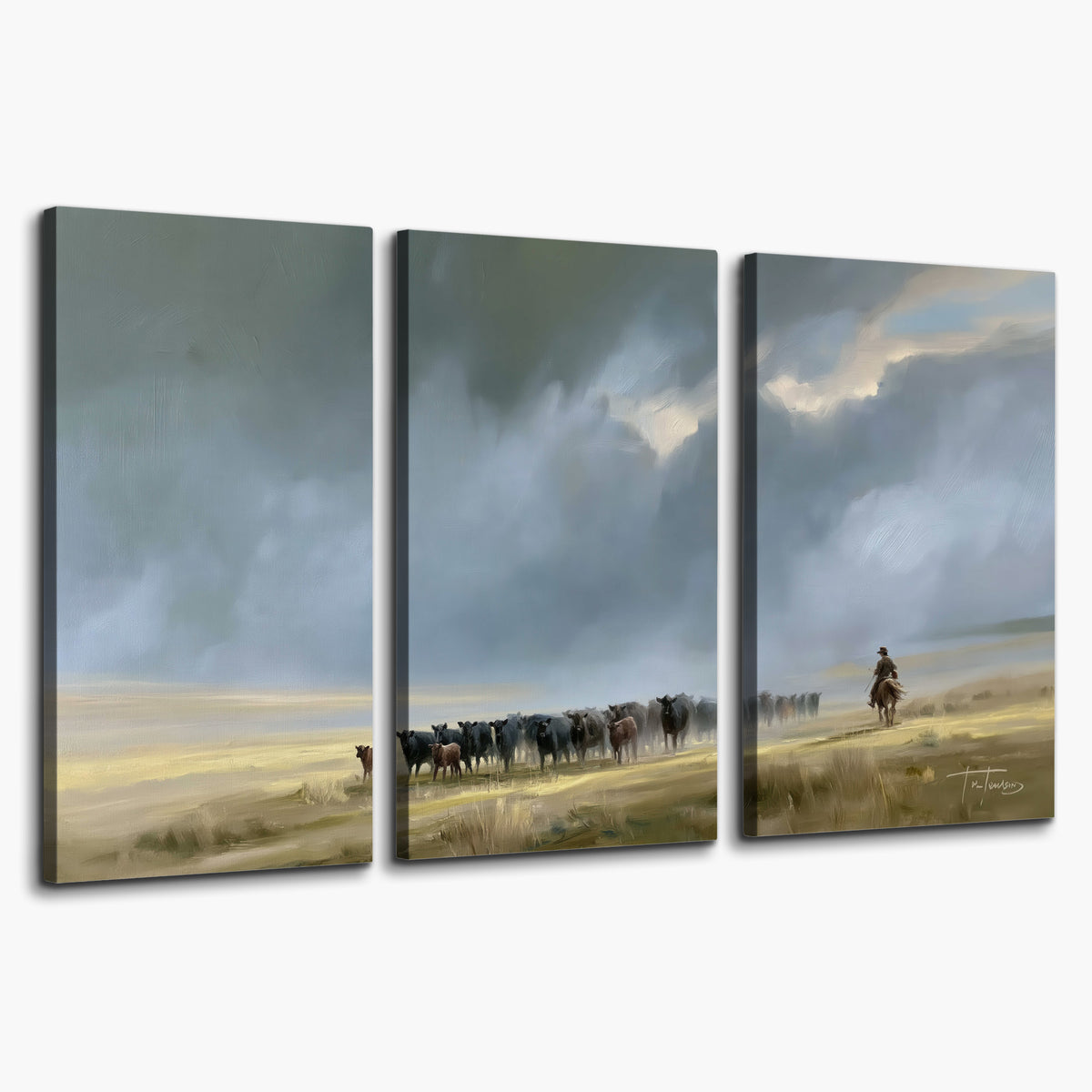 A rider and cattle moving across a sunlit grassland beneath a dramatic blue-gray sky 3 piece canvas wall art on a white background