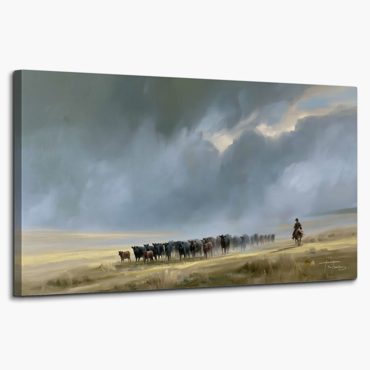 A rider and cattle moving across a sunlit grassland beneath a dramatic blue-gray sky single canvas wall art on a white background
