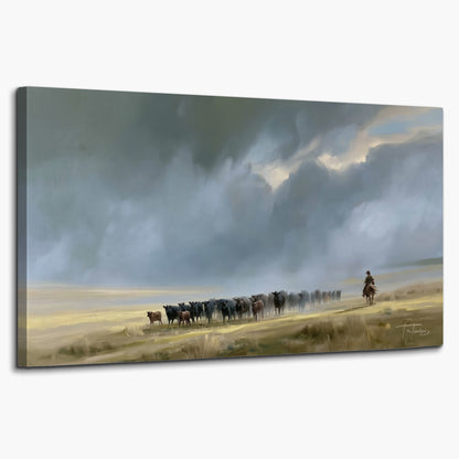 A rider and cattle moving across a sunlit grassland beneath a dramatic blue-gray sky single canvas wall art on a white background