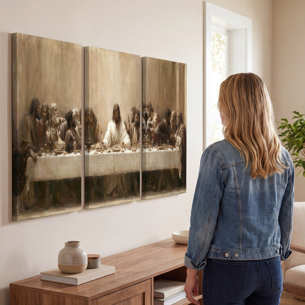 Sepia Last Supper oil painting 3 piece canvas wall art in a living room