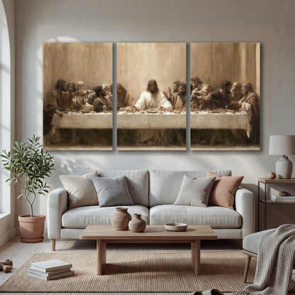 Sepia Last Supper oil painting 3 piece canvas wall art in a bright living room