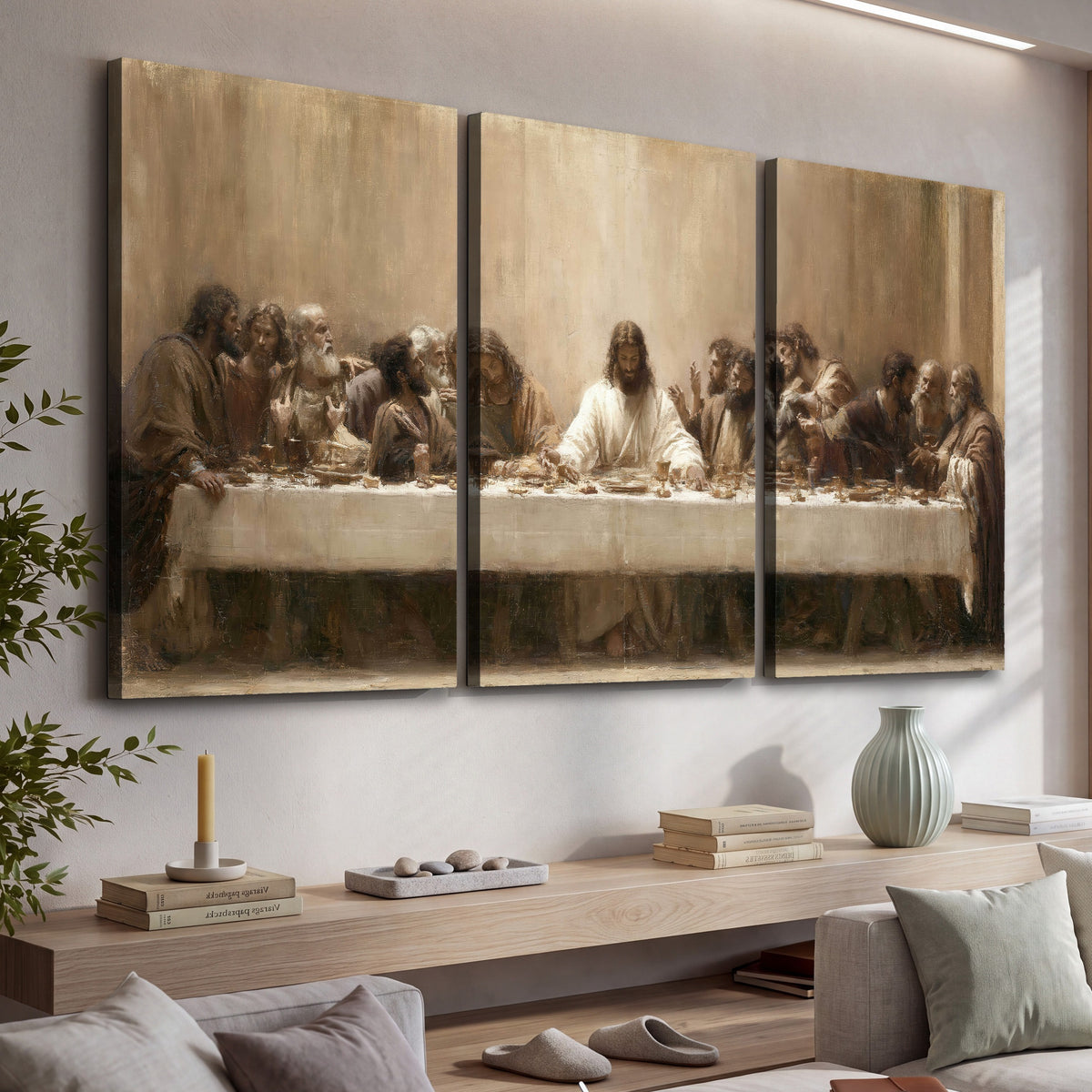 Sepia Last Supper oil painting 3 piece canvas wall art in a living room above a console