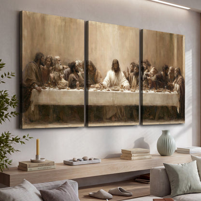 Sepia Last Supper oil painting 3 piece canvas wall art in a living room above a console