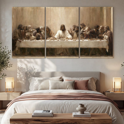 Sepia Last Supper oil painting 3 piece canvas wall art in a bedroom above the bed