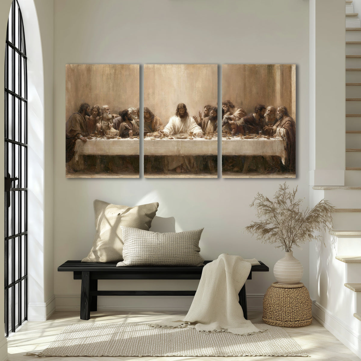 Sepia Last Supper oil painting 3 piece canvas wall art in an entryway above a bench
