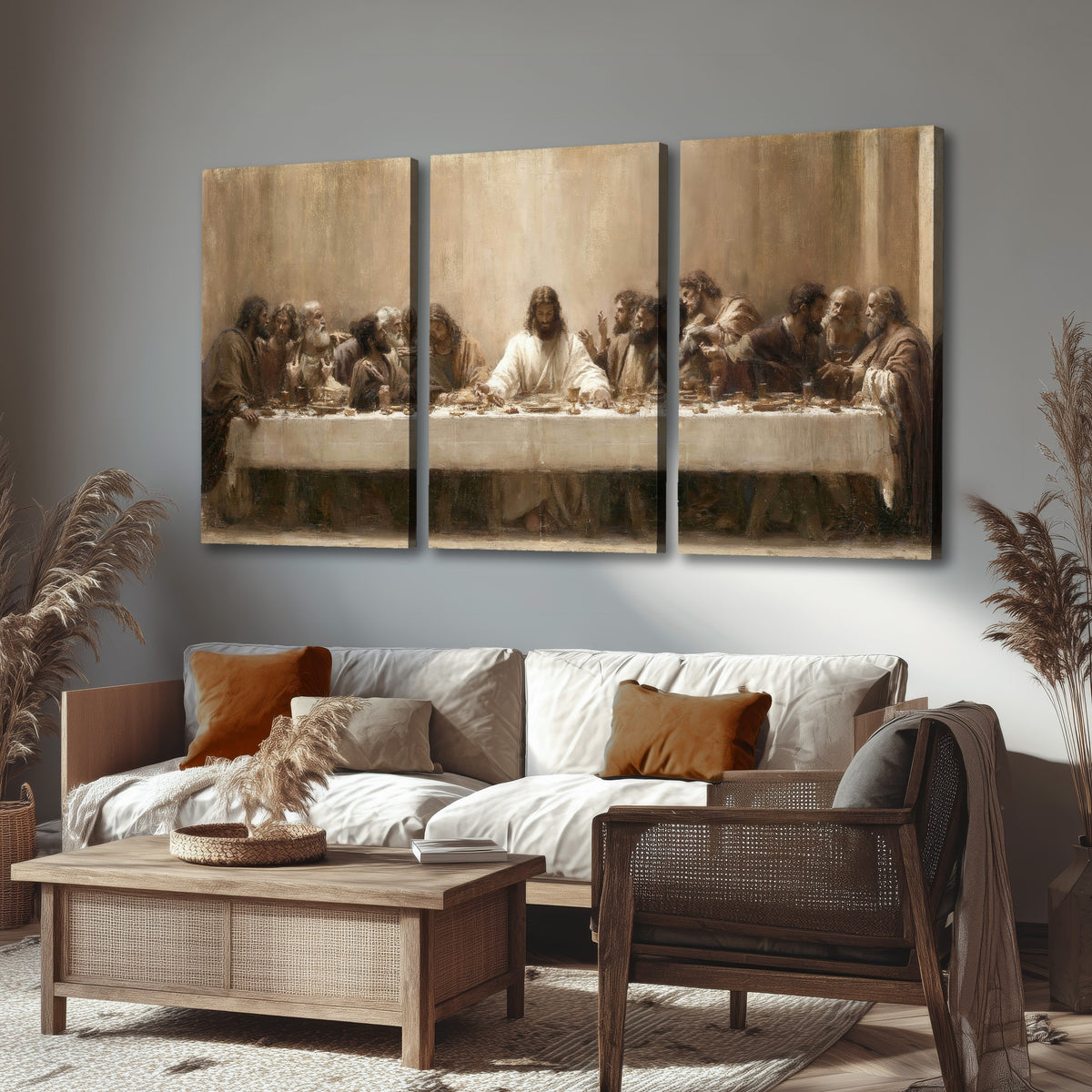 Sepia Last Supper oil painting 3 piece canvas wall art in a rustic living room