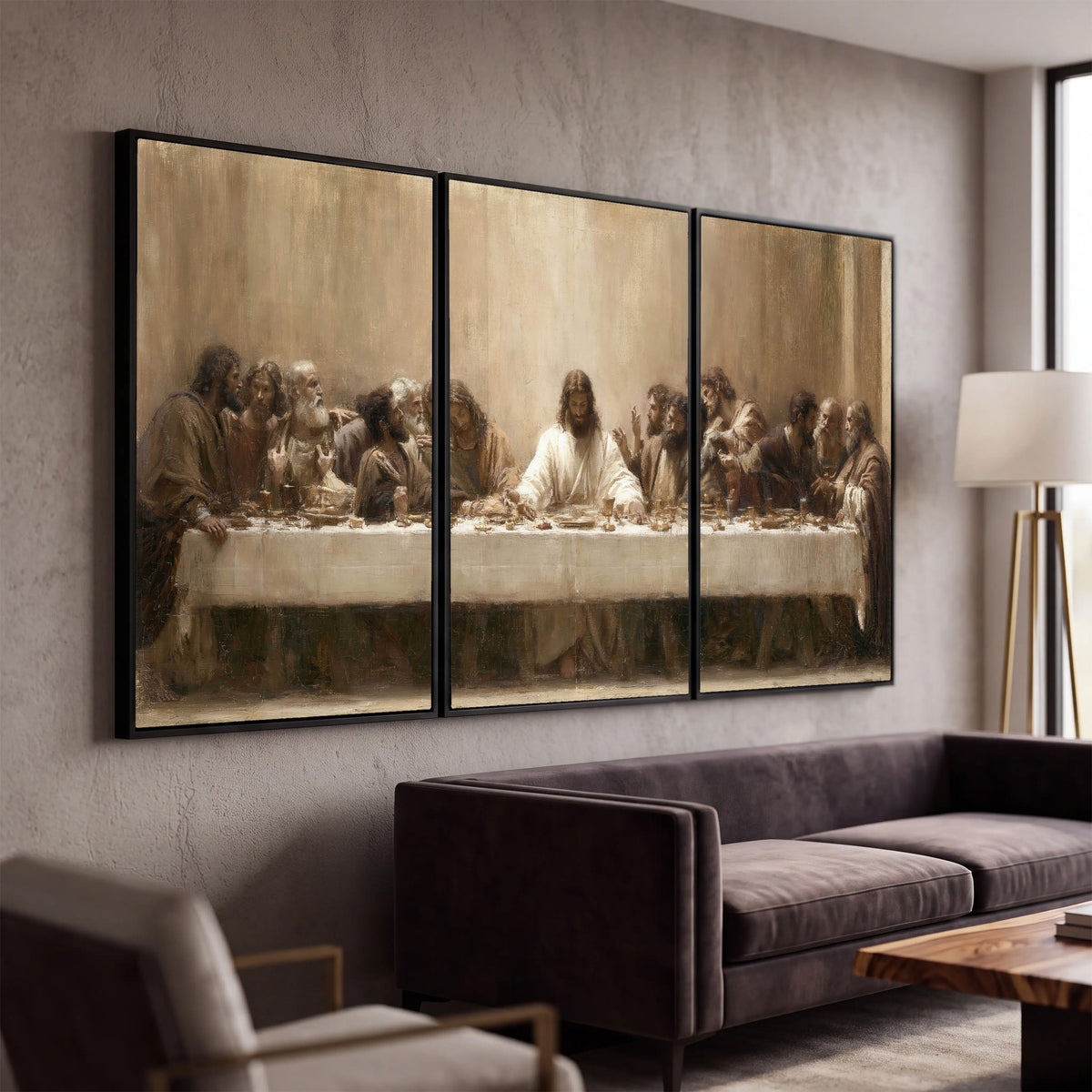 Sepia Last Supper oil painting 3 piece canvas wall art in a modern living room