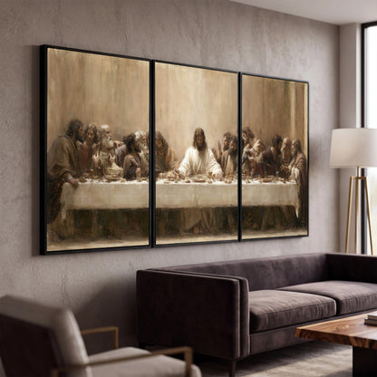 Sepia Last Supper oil painting 3 piece canvas wall art in a modern living room