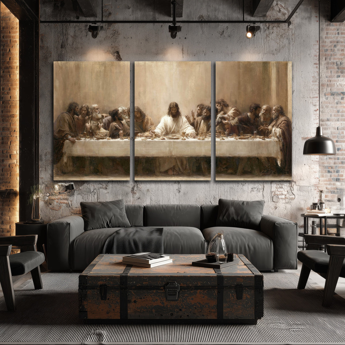 Sepia Last Supper oil painting 3 piece canvas wall art in an industrial loft