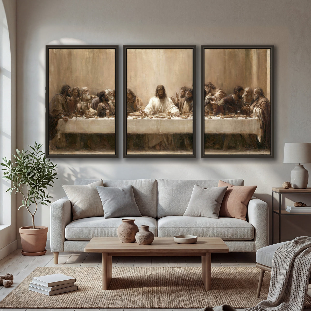 Sepia Last Supper oil painting 3 piece framed canvas in a bright living room