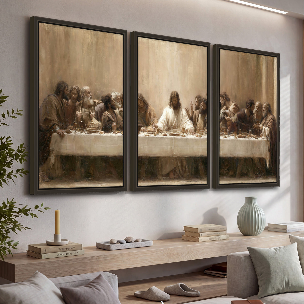 Sepia Last Supper oil painting 3 piece framed canvas in a living room above a console