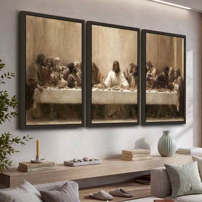 Sepia Last Supper oil painting 3 piece framed canvas in a living room above a console