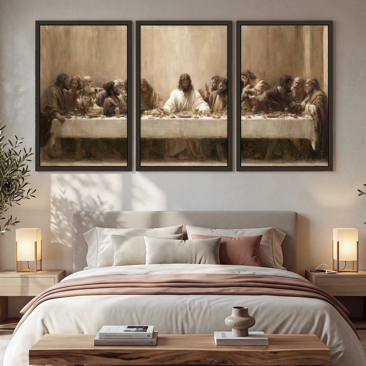 Sepia Last Supper oil painting 3 piece framed canvas in a bedroom above the bed