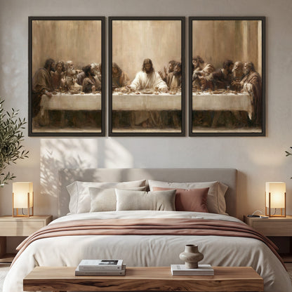Sepia Last Supper oil painting 3 piece framed canvas in a bedroom above the bed