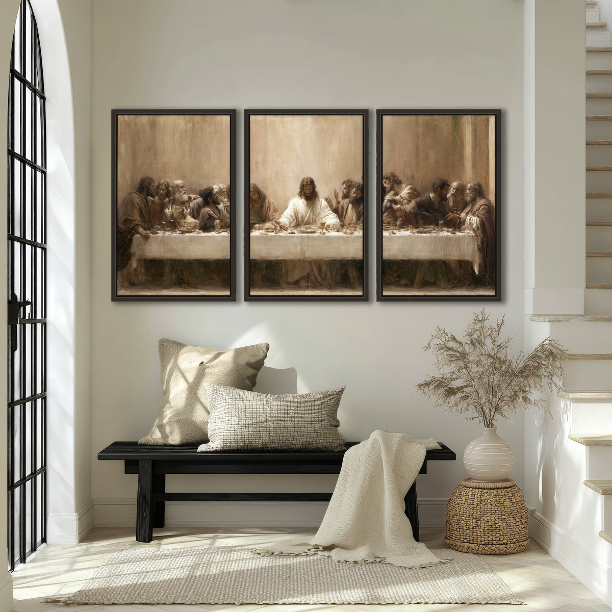 Sepia Last Supper oil painting 3 piece framed canvas in an entryway above a bench