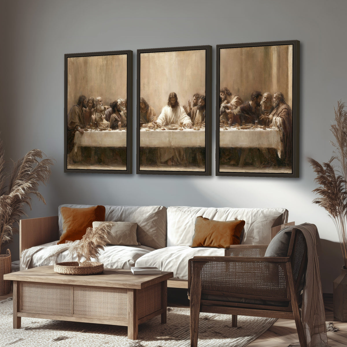 Sepia Last Supper oil painting 3 piece framed canvas in a rustic living room