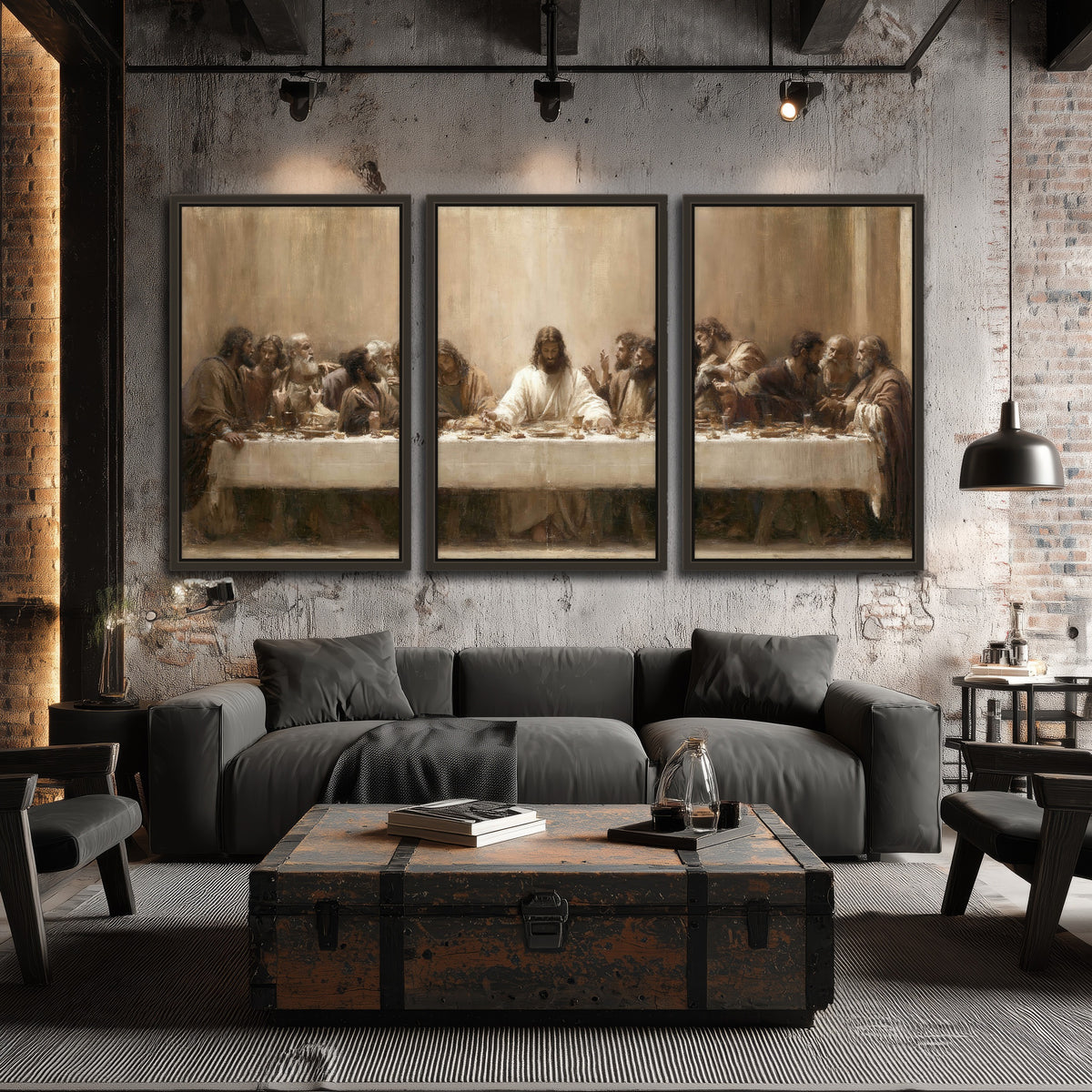 Sepia Last Supper oil painting 3 piece framed canvas in an industrial loft