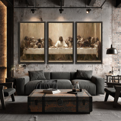 Sepia Last Supper oil painting 3 piece framed canvas in an industrial loft