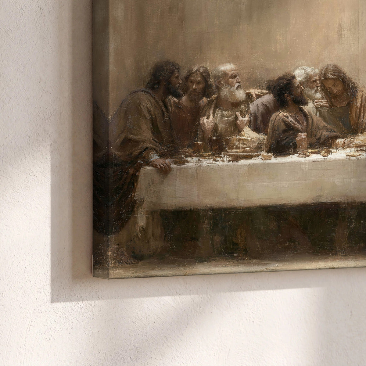 Sepia Last Supper oil painting canvas print close-up showing the gallery-wrapped edge