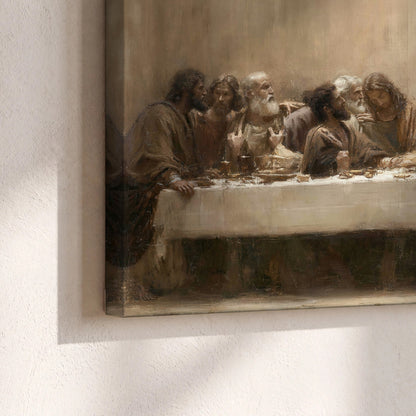 Sepia Last Supper oil painting canvas print close-up showing the gallery-wrapped edge
