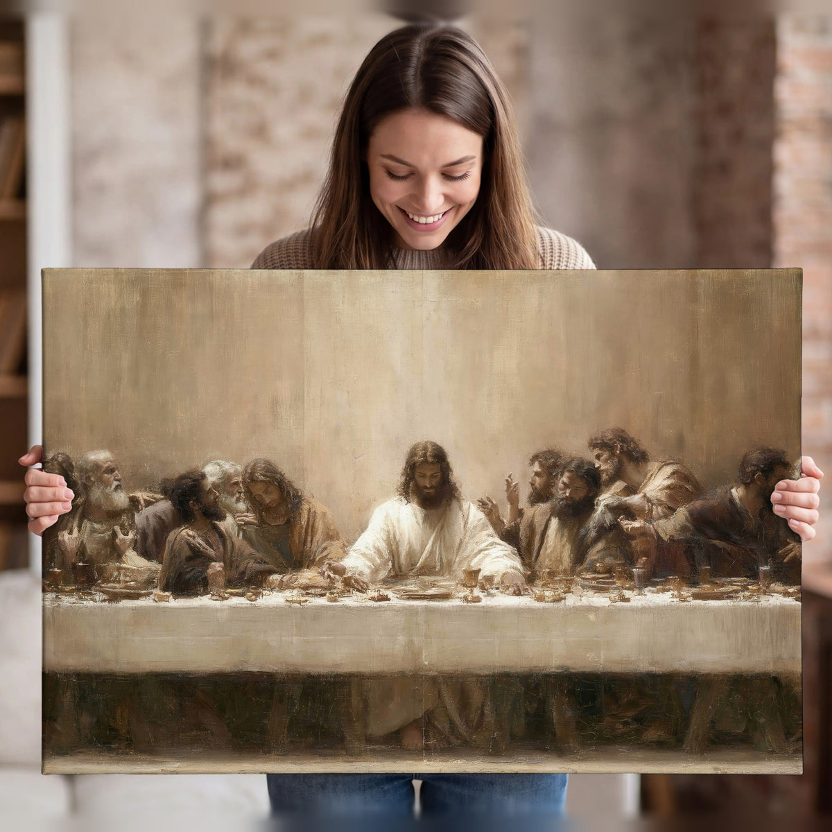 Sepia Last Supper oil painting canvas wall art held in hands