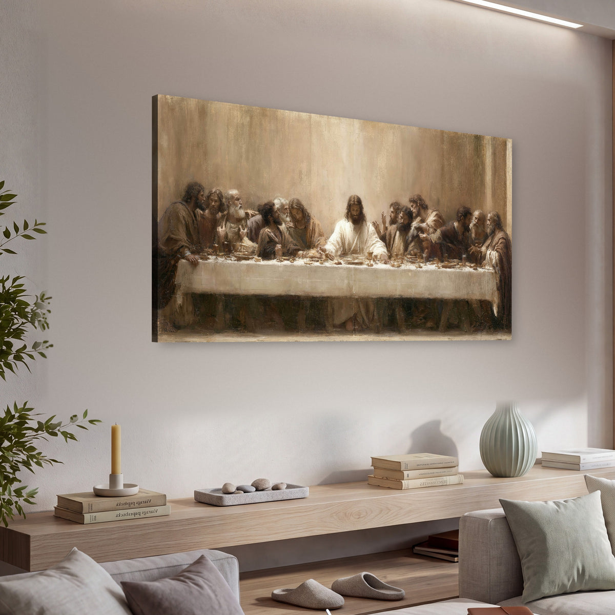 Sepia Last Supper oil painting canvas wall art in a living room above a console