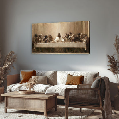 Sepia Last Supper oil painting canvas wall art in a rustic living room