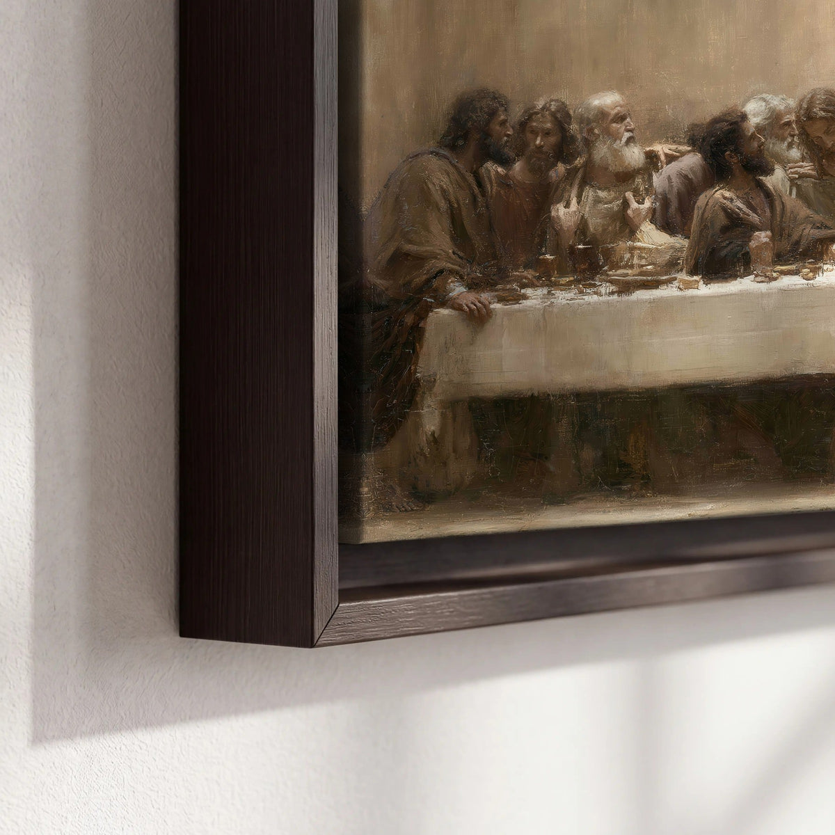 Sepia Last Supper oil painting framed canvas close-up showing the floating frame