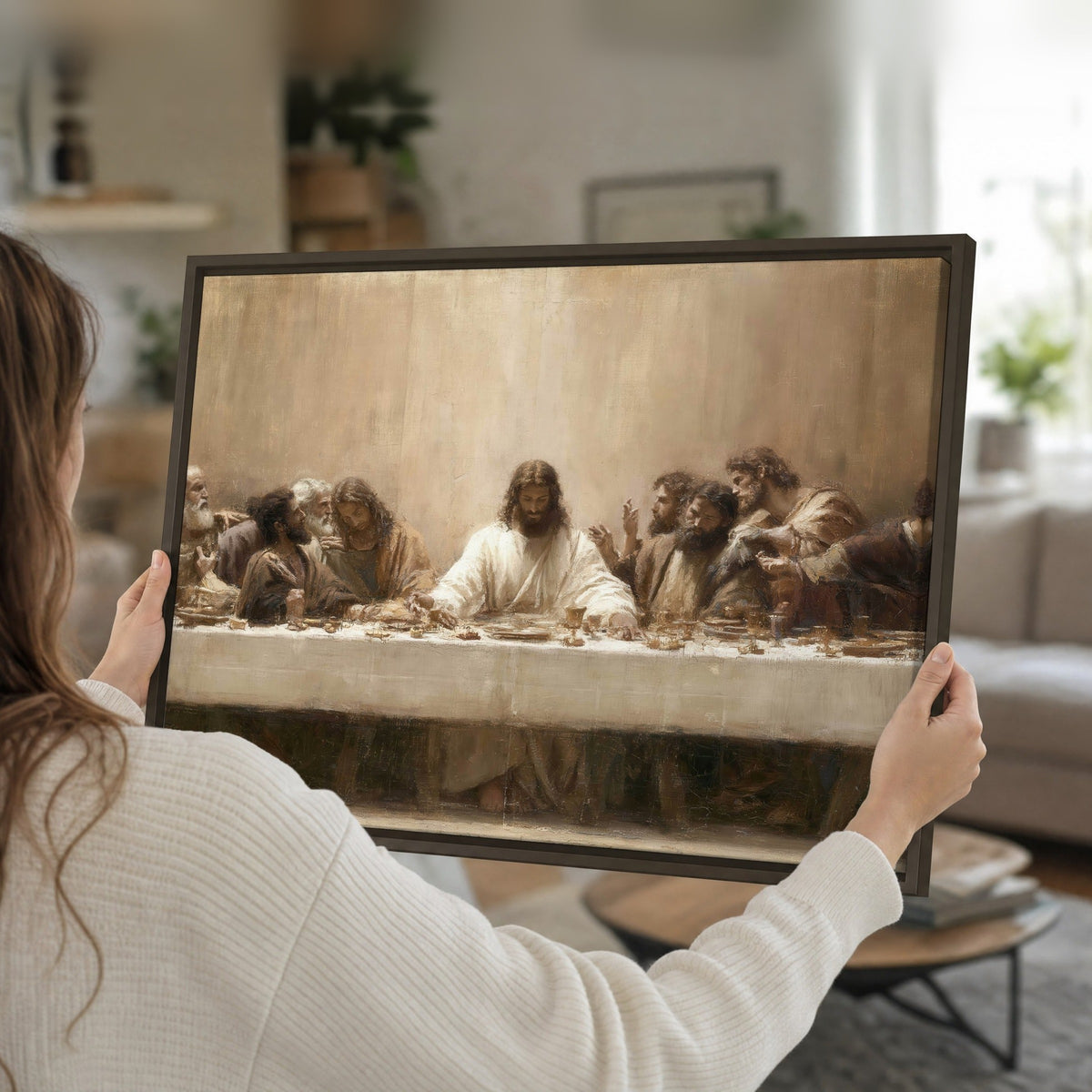 Sepia Last Supper oil painting framed canvas held in hands