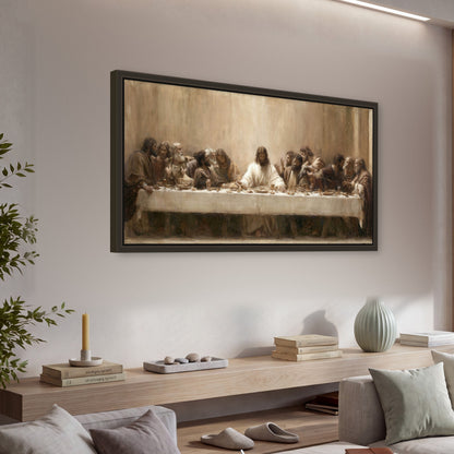 Sepia Last Supper oil painting framed canvas wall art in a living room above a console